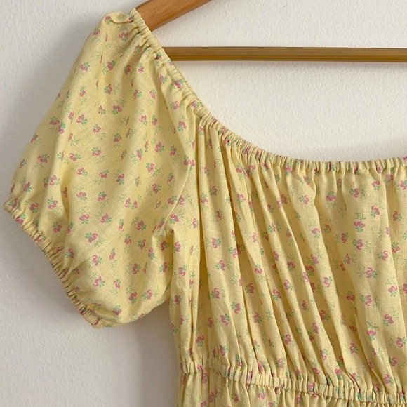 WAYF Sinclair Ditsy Floral Yellow Off The Shoulder Linen Mini Dress Tie Front - Picture 12 of 16